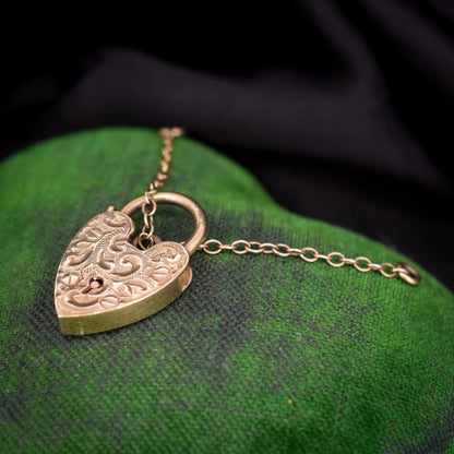 Vintage 9ct Gold Engraved Heart Padlock Charm Pendant