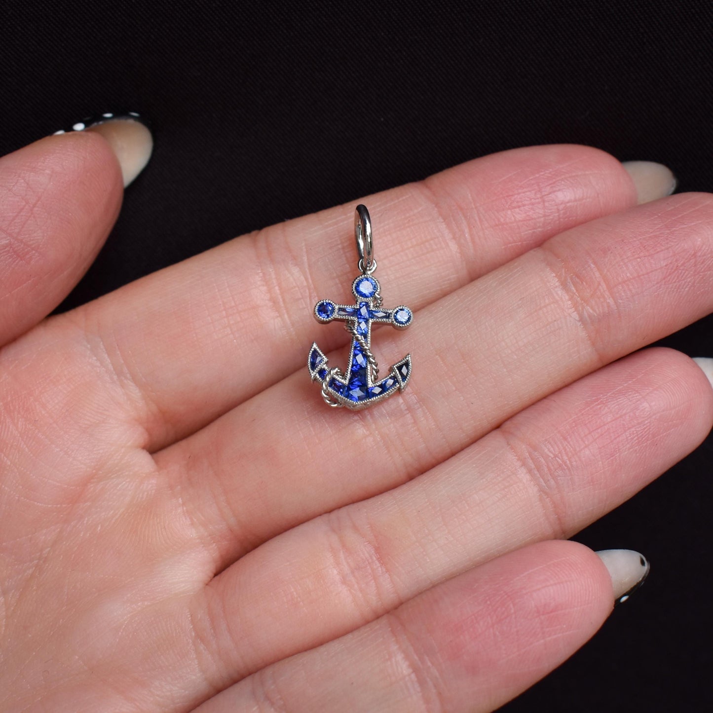 0.50ct Blue Sapphire Anchor Rope Nautical Platinum Charm Pendant