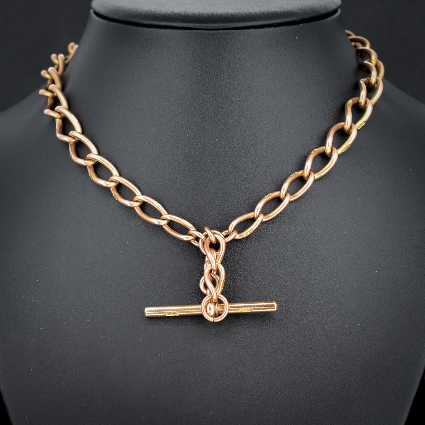 Antique Chester '1919' 9ct Gold Oval Link with Double Dog Clip Albert Watch Chain Necklace | 14.5"