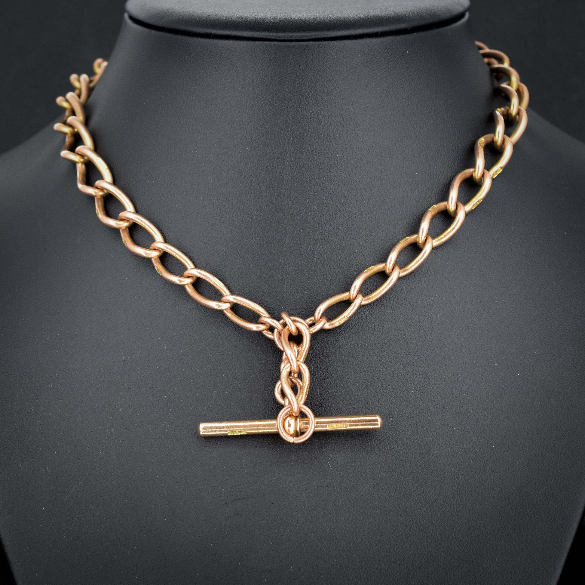 Antique Chester '1919' 9ct Gold Oval Link with Double Dog Clip Albert Watch Chain Necklace | 14.5"