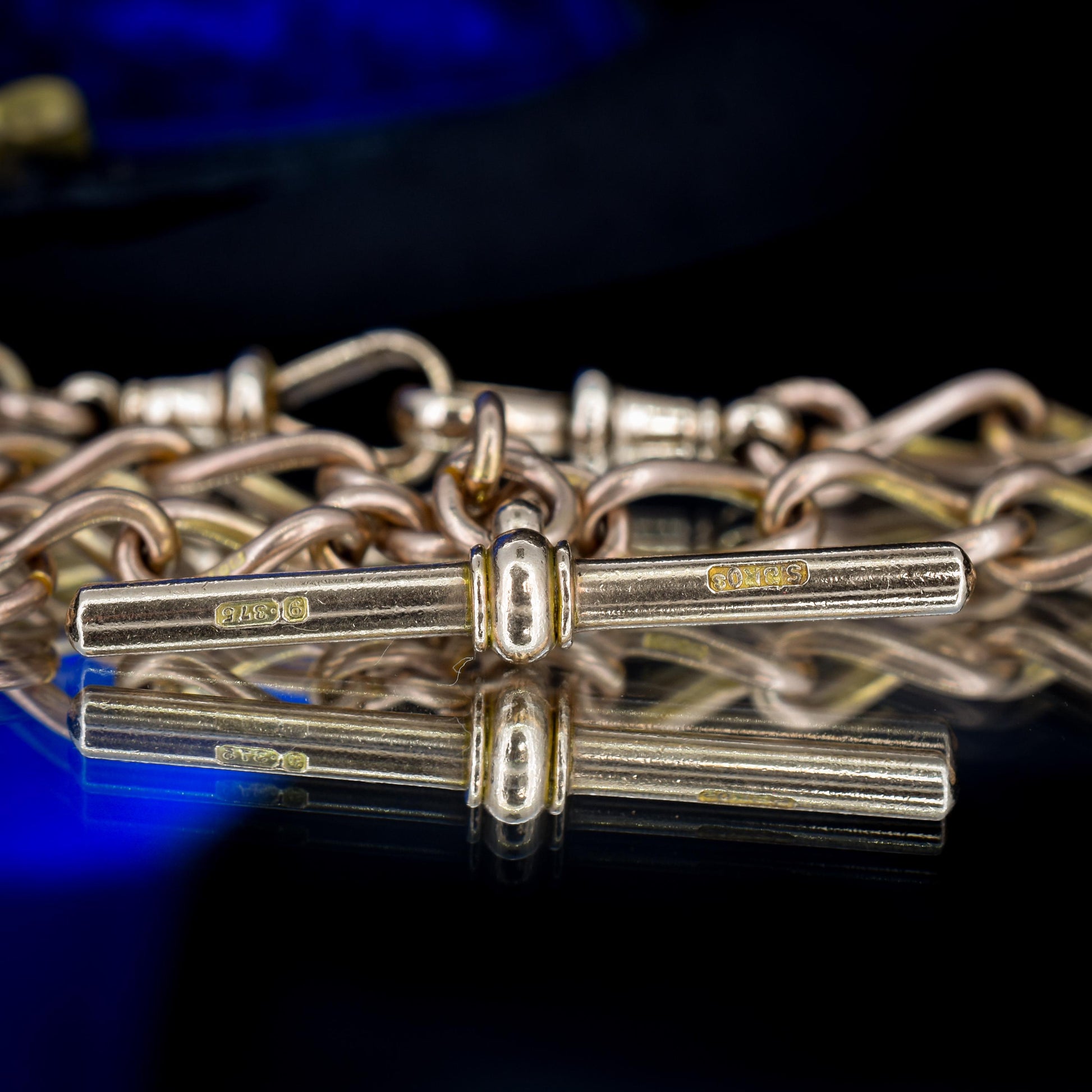 Antique Chester '1919' 9ct Gold Oval Link with Double Dog Clip Albert Watch Chain Necklace | 14.5"