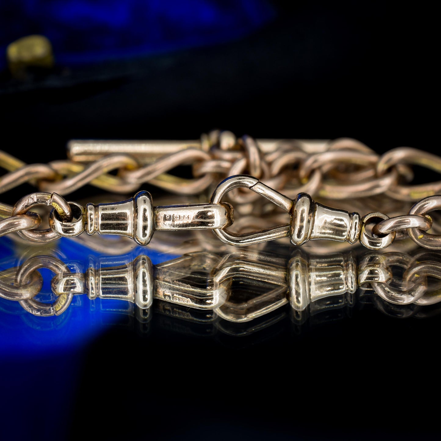 Antique Chester '1919' 9ct Gold Oval Link with Double Dog Clip Albert Watch Chain Necklace | 14.5"