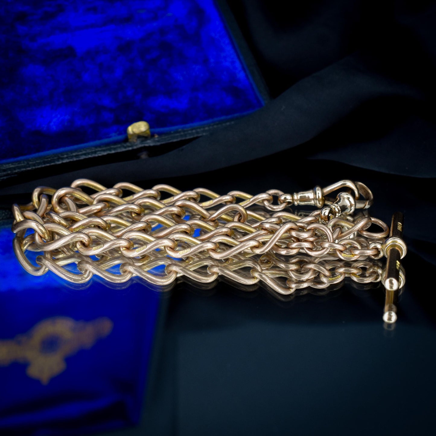 Antique Chester '1919' 9ct Gold Oval Link with Double Dog Clip Albert Watch Chain Necklace | 14.5"