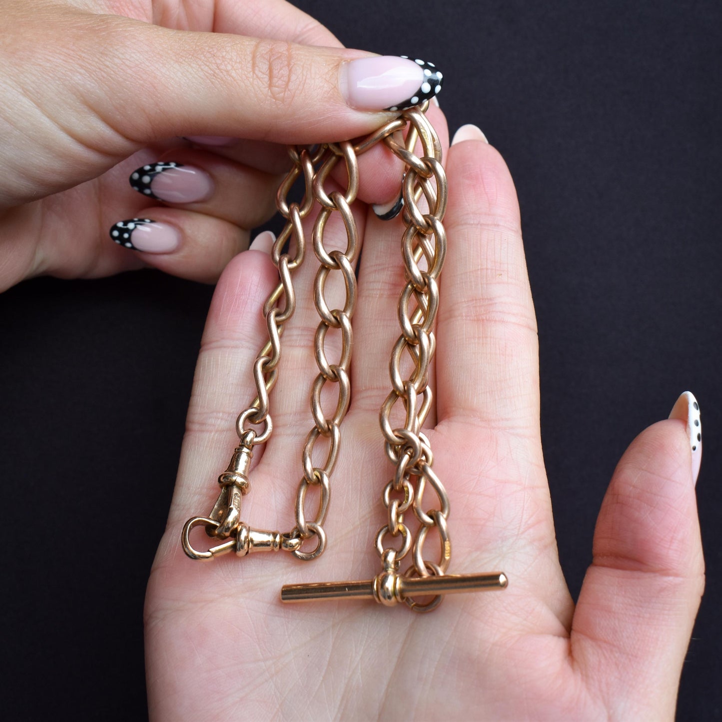 Antique Chester '1919' 9ct Gold Oval Link with Double Dog Clip Albert Watch Chain Necklace | 14.5"