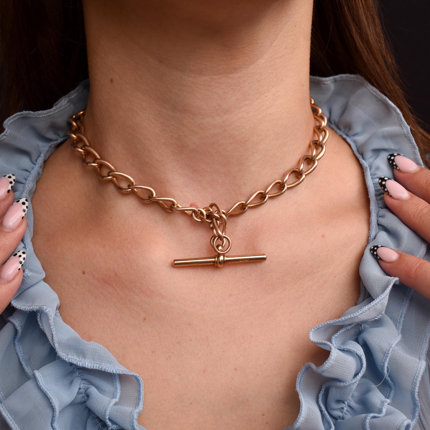 Antique Chester '1919' 9ct Gold Oval Link with Double Dog Clip Albert Watch Chain Necklace | 14.5"