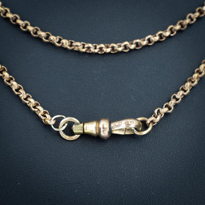 Antique Rolled Gold Faceted Belcher Link Muff Guard Chain Necklace With Dog Clip | 55"