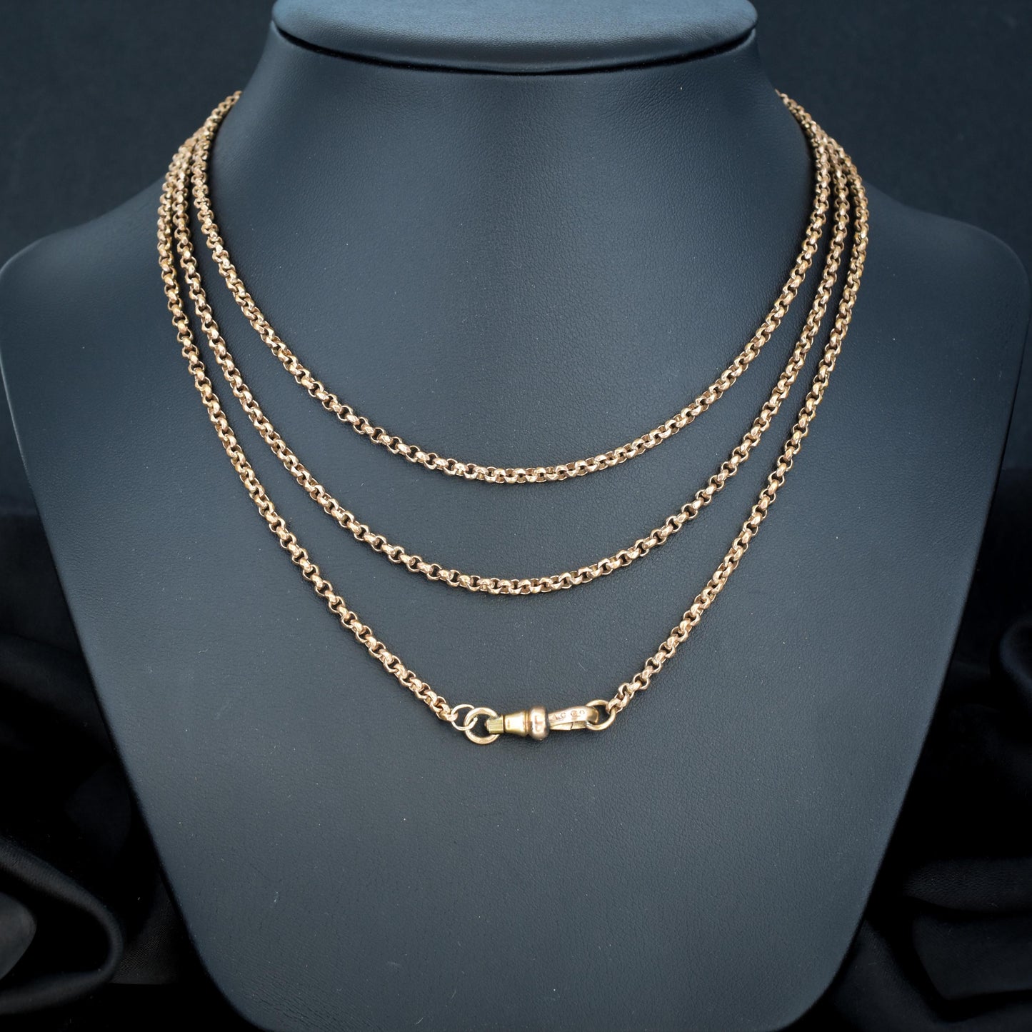 Antique Rolled Gold Faceted Belcher Link Muff Guard Chain Necklace With Dog Clip | 55"