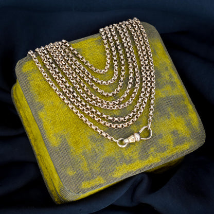 Antique Rolled Gold Faceted Belcher Link Muff Guard Chain Necklace With Dog Clip | 55"