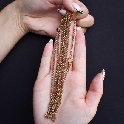 Antique Rolled Gold Faceted Belcher Link Muff Guard Chain Necklace With Dog Clip | 55"