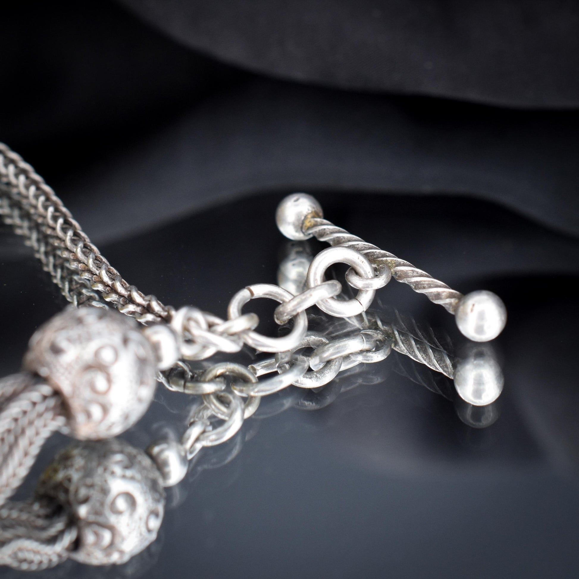 Antique Sterling Silver Heart Albertina Albert Watch Chain Bracelet with Tassel