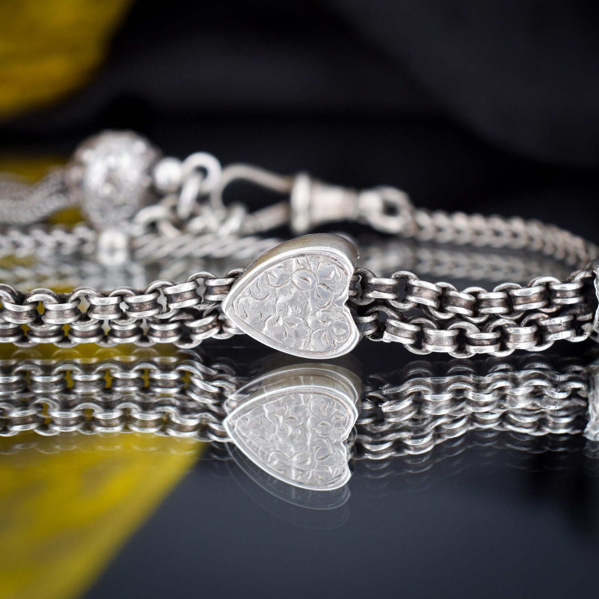 Antique Sterling Silver Heart Albertina Albert Watch Chain Bracelet with Tassel