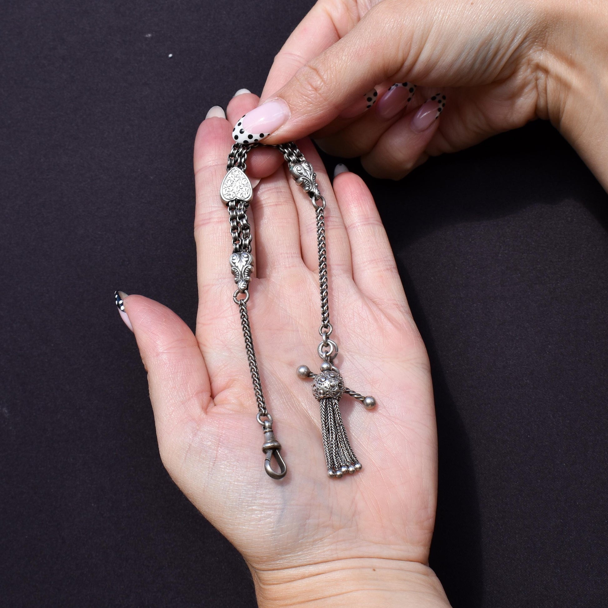 Antique Sterling Silver Heart Albertina Albert Watch Chain Bracelet with Tassel