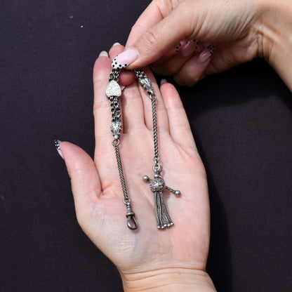 Antique Sterling Silver Heart Albertina Albert Watch Chain Bracelet with Tassel