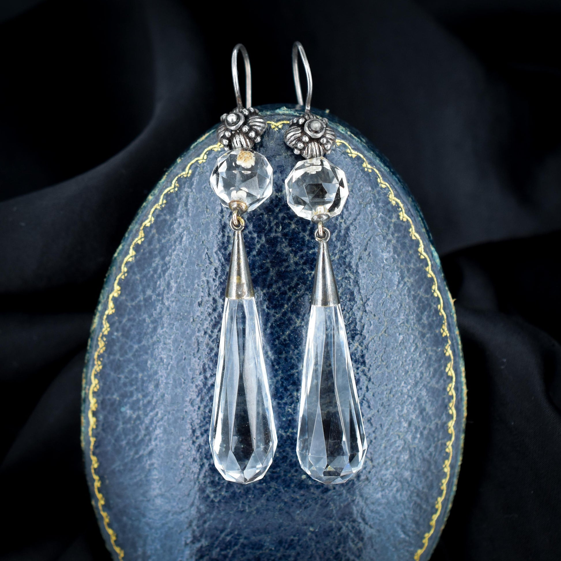 Art Deco Briolette Cut Rock Crystal Sterling Silver Drop Dangle Earrings