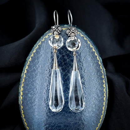 Art Deco Briolette Cut Rock Crystal Sterling Silver Drop Dangle Earrings