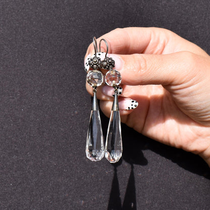 Art Deco Briolette Cut Rock Crystal Sterling Silver Drop Dangle Earrings
