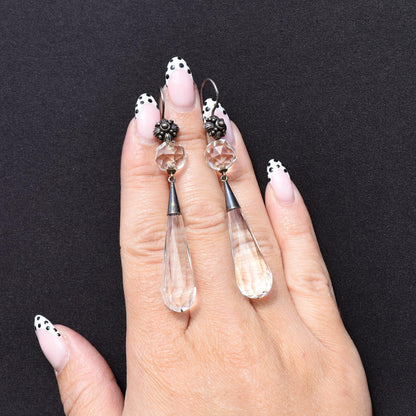 Art Deco Briolette Cut Rock Crystal Sterling Silver Drop Dangle Earrings