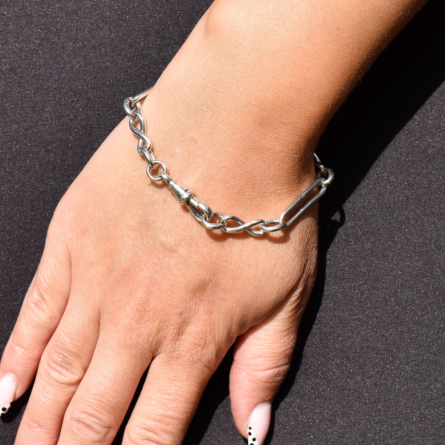 Antique Sterling Silver Trombone Link Bracelet with Dog Clip | 7.75"