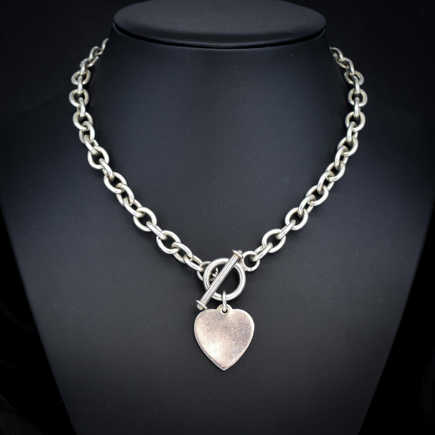 Vintage Silver Oval Cable Link Toggle Heart Chain Necklace 16" Length