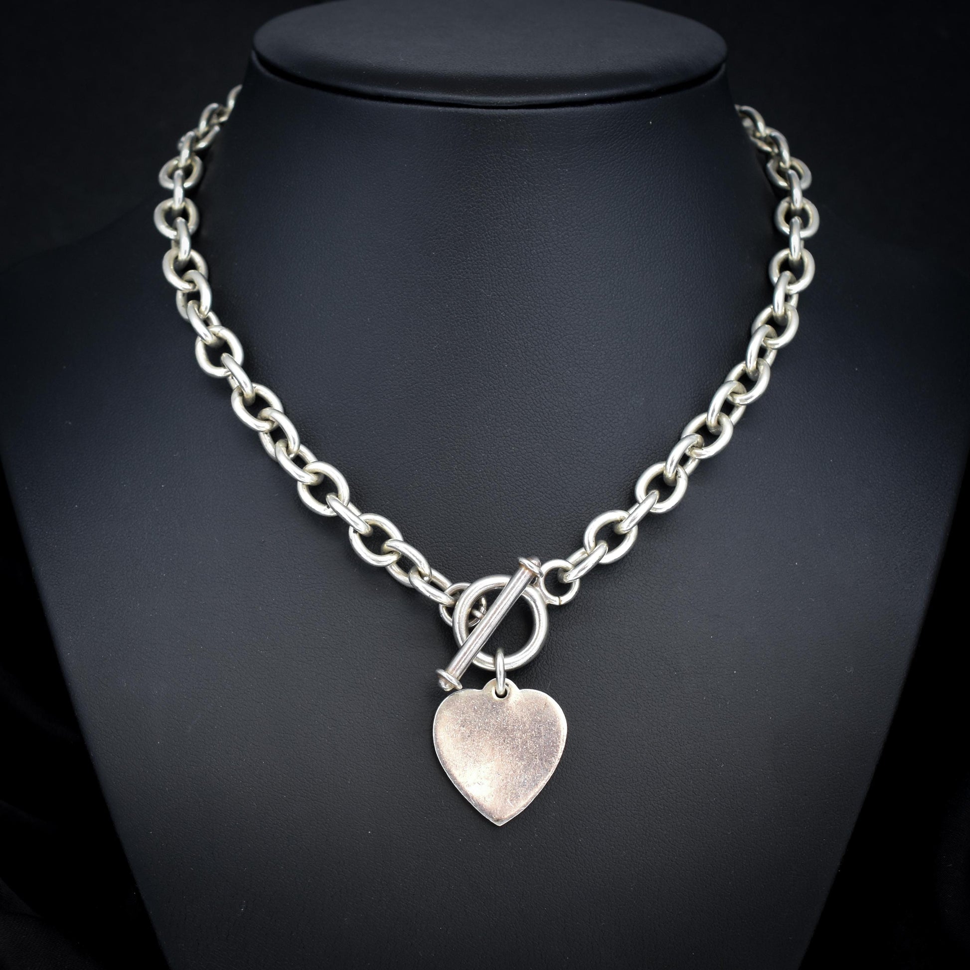 Vintage Silver Oval Cable Link Toggle Heart Chain Necklace 16" Length