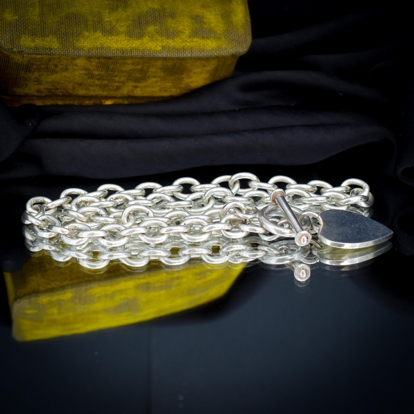 Vintage Silver Oval Cable Link Toggle Heart Chain Necklace 16" Length