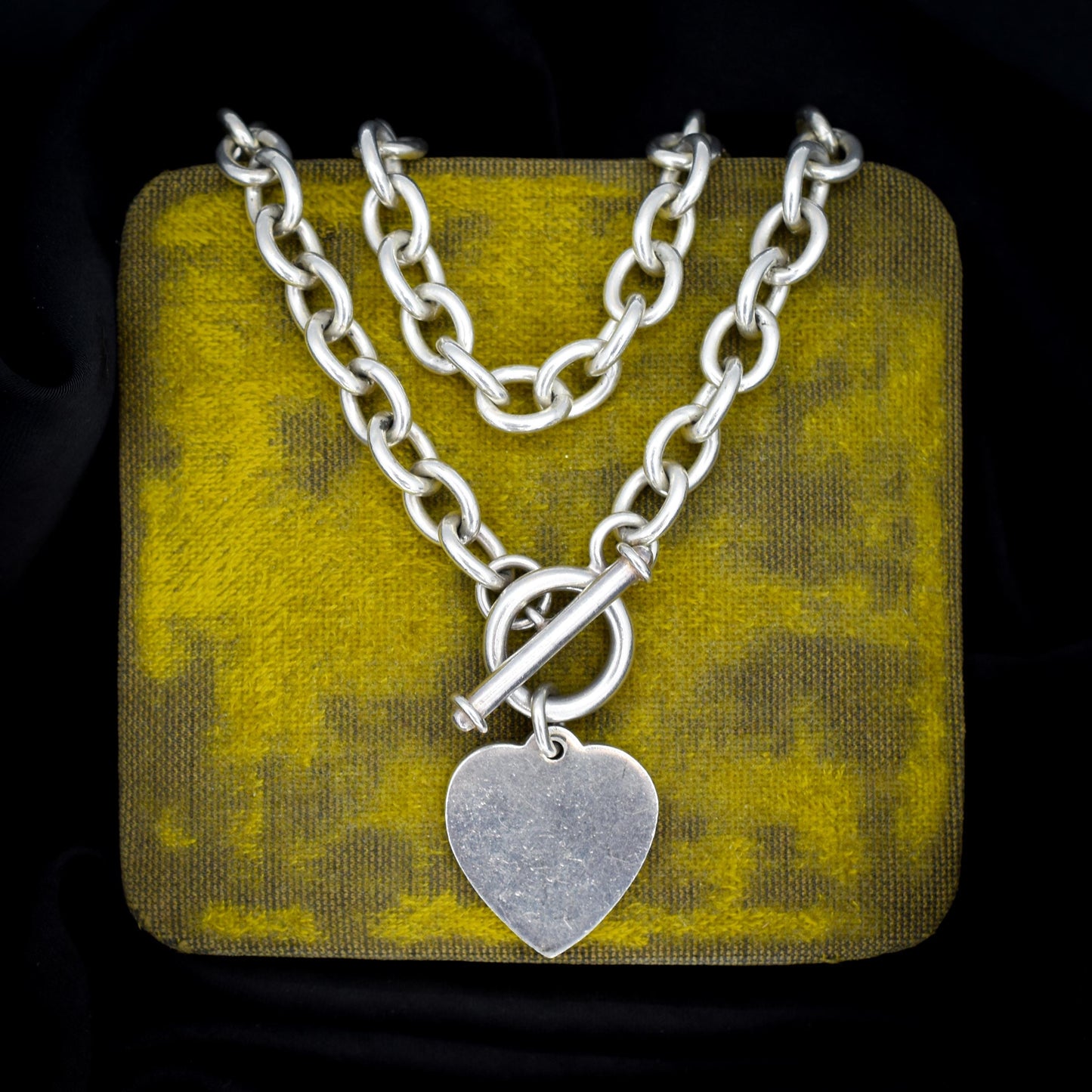 Vintage Silver Oval Cable Link Toggle Heart Chain Necklace 16" Length
