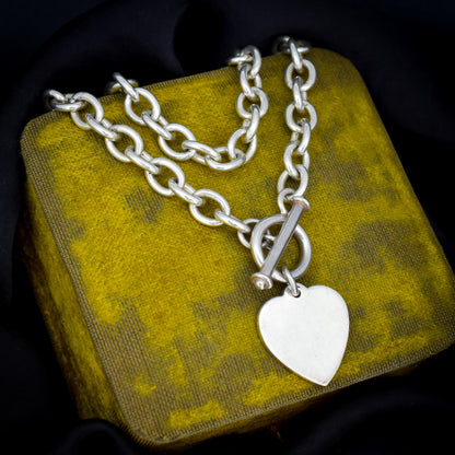 Vintage Silver Oval Cable Link Toggle Heart Chain Necklace 16" Length