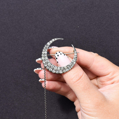 Antique Victorian Old Cut Paste Silver Crescent Moon Brooch