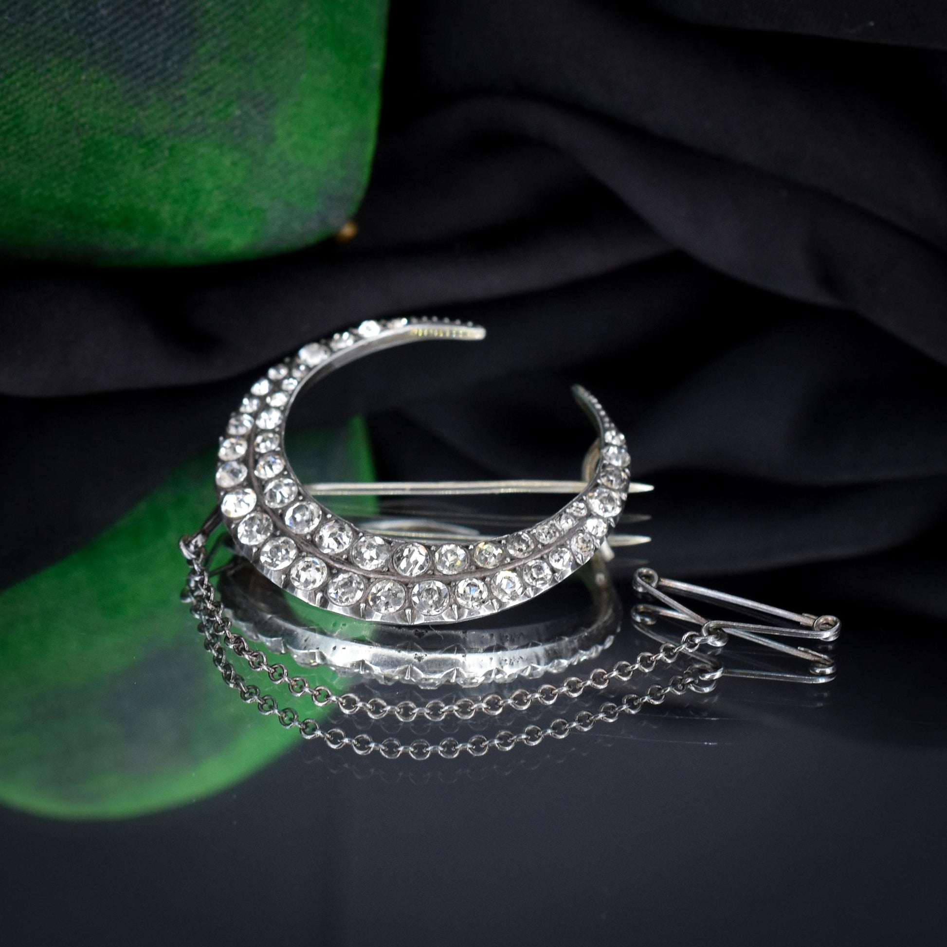Antique Victorian Old Cut Paste Silver Crescent Moon Brooch