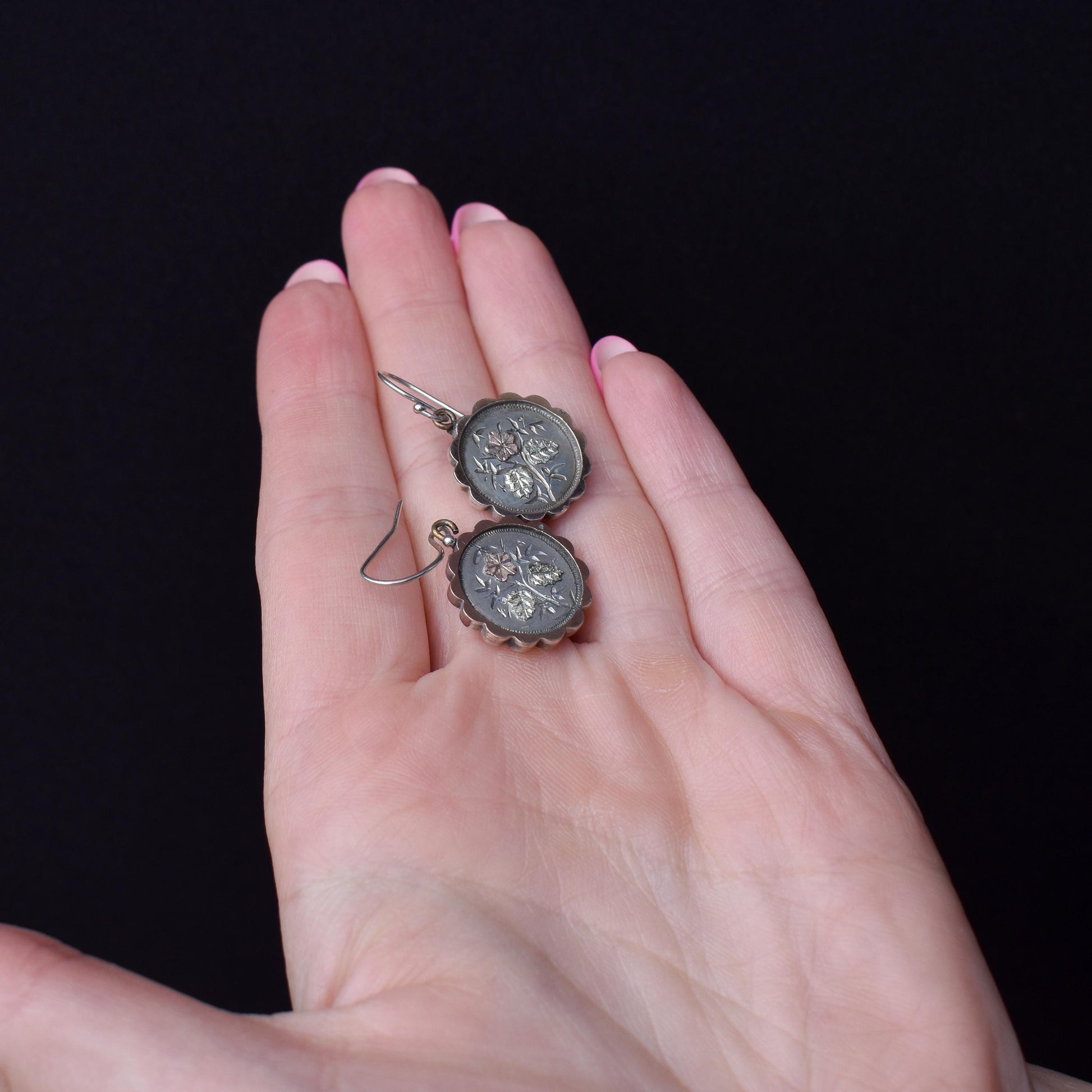 Antique Victorian Silver Gold Floral Aesthetic Drop Dangle Earrings