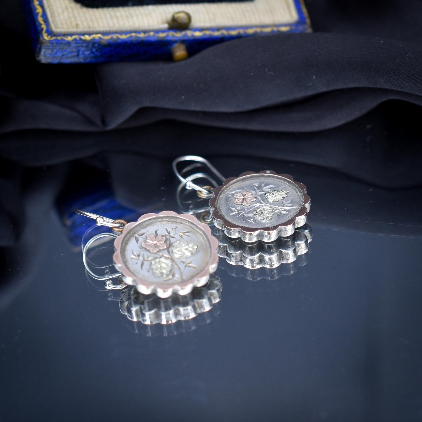 Antique Victorian Silver Gold Floral Aesthetic Drop Dangle Earrings