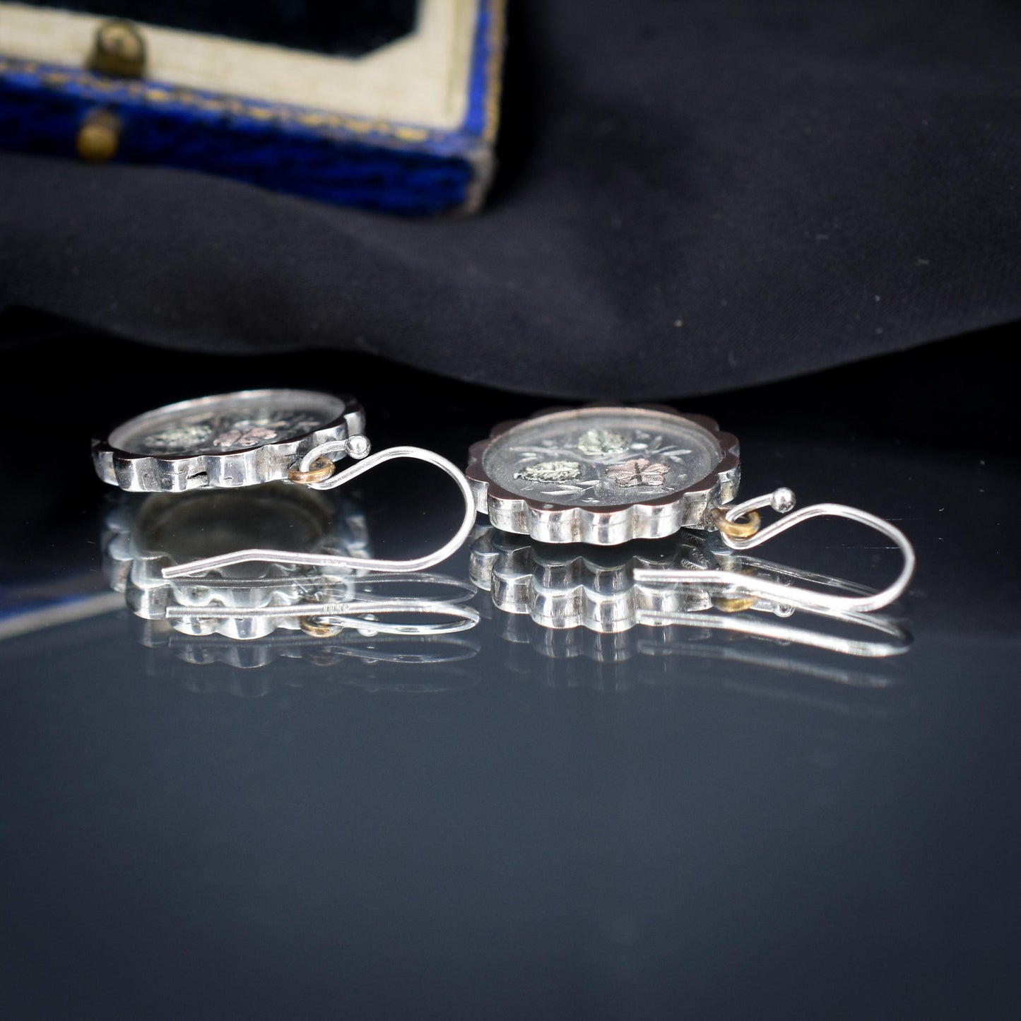 Antique Victorian Silver Gold Floral Aesthetic Drop Dangle Earrings