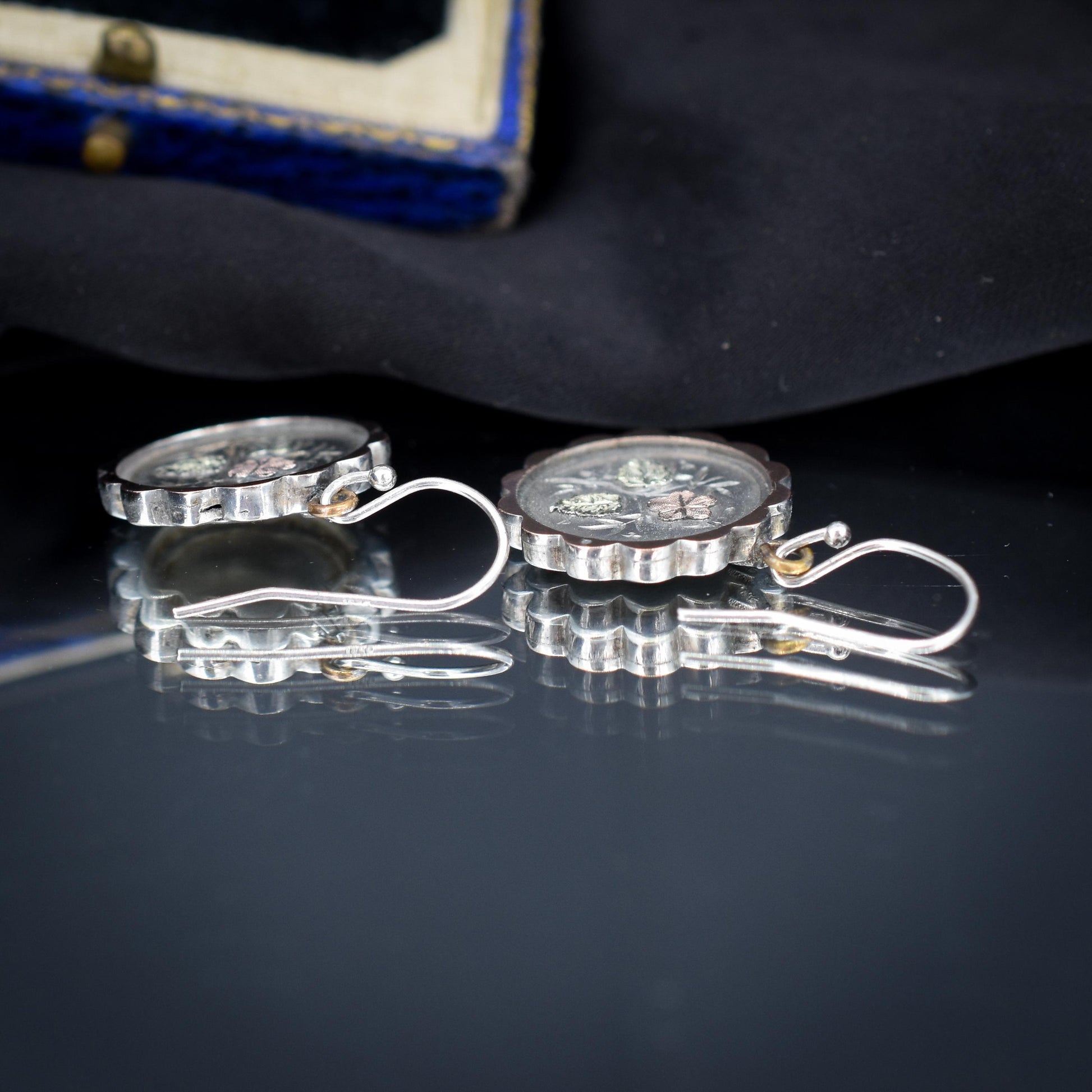 Antique Victorian Silver Gold Floral Aesthetic Drop Dangle Earrings