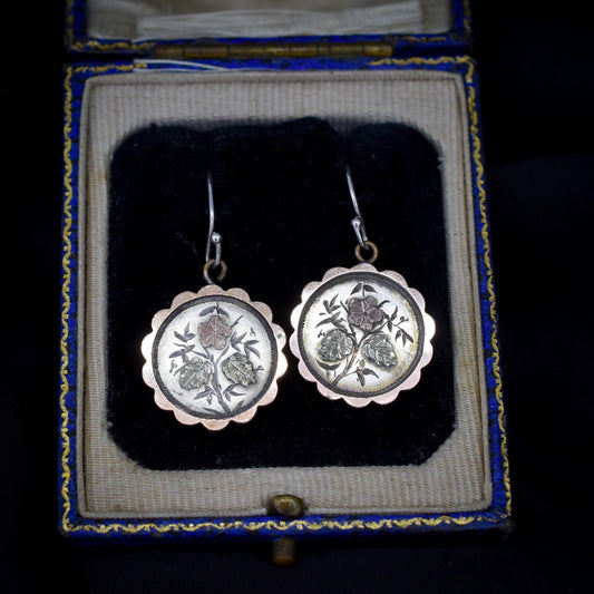 Antique Victorian Silver Gold Floral Aesthetic Drop Dangle Earrings