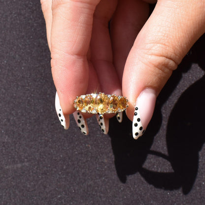 Citrine and Diamond Five Stone 9ct Yellow Gold Scroll Ring Band | Antique Style