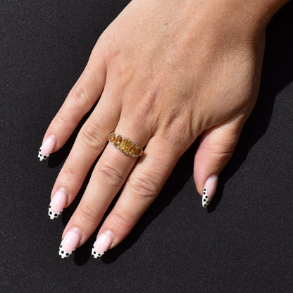 Citrine and Diamond Five Stone 9ct Yellow Gold Scroll Ring Band | Antique Style