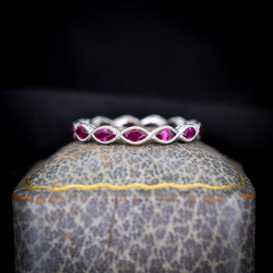 Art Deco Style 1.6ct Marquise Cut Ruby Platinum Full Eternity Wedding Band Ring