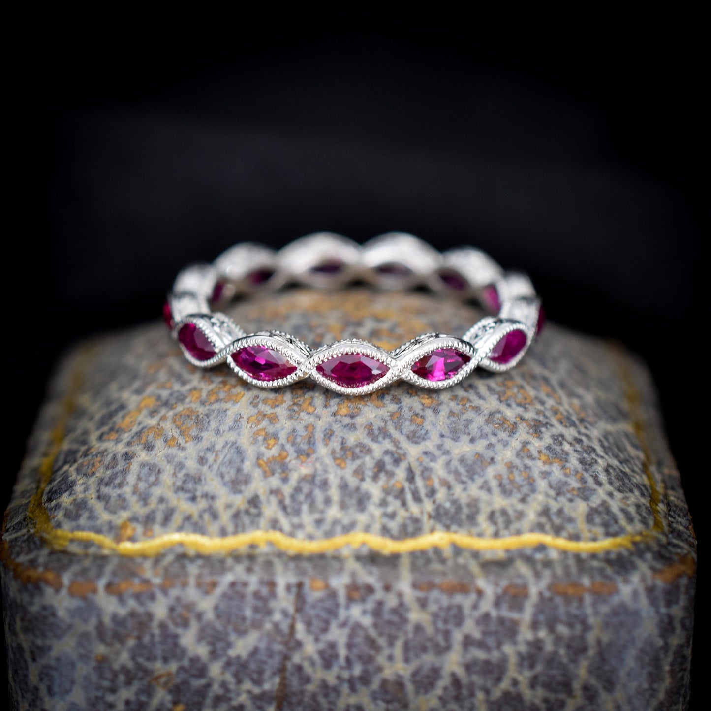 Art Deco Style 1.6ct Marquise Cut Ruby Platinum Full Eternity Wedding Band Ring