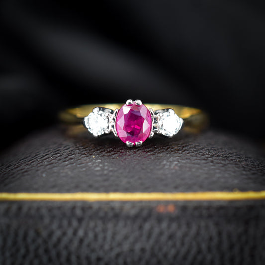 Vintage Ruby and Diamond 18ct Gold Three Stone Trilogy Ring
