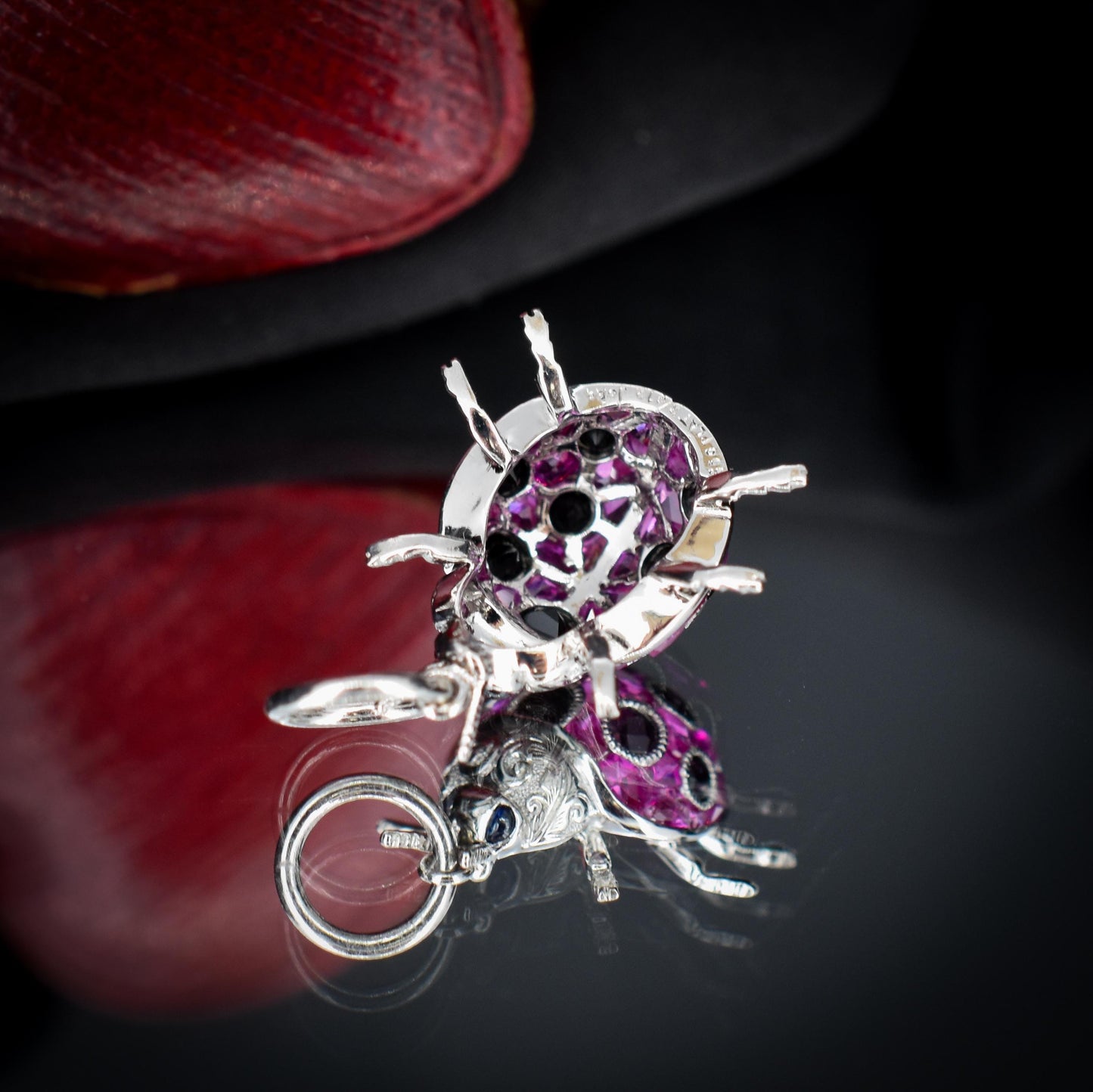 1.2ct Ruby and Onyx Platinum Ladybird Ladybug Pendant Charm