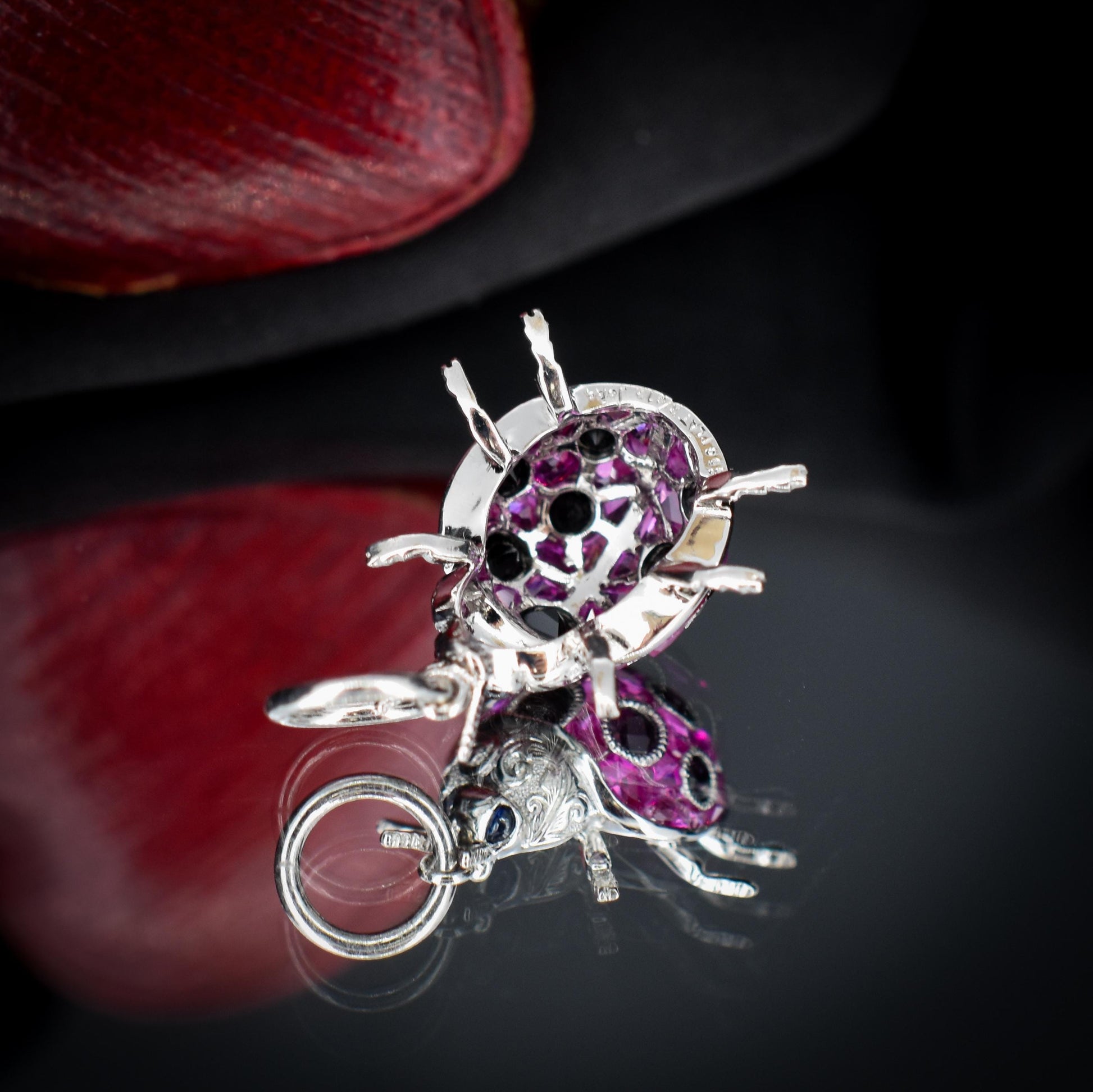 1.2ct Ruby and Onyx Platinum Ladybird Ladybug Pendant Charm