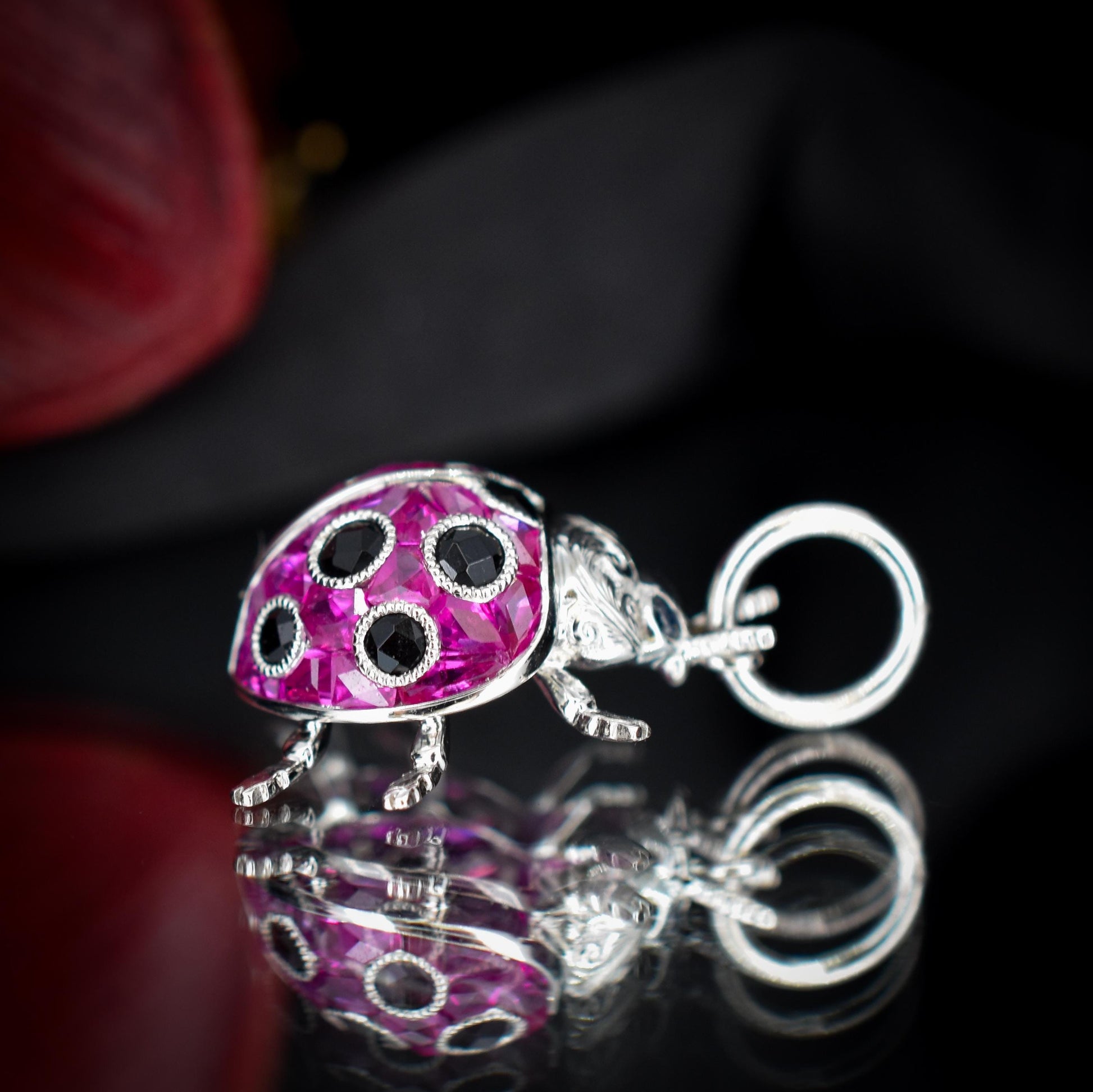 1.2ct Ruby and Onyx Platinum Ladybird Ladybug Pendant Charm