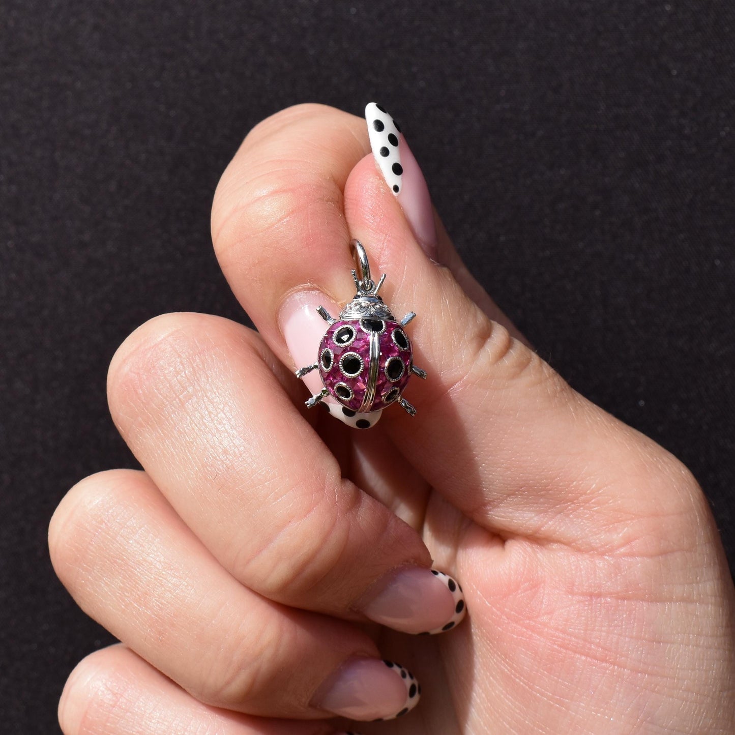 1.2ct Ruby and Onyx Platinum Ladybird Ladybug Pendant Charm