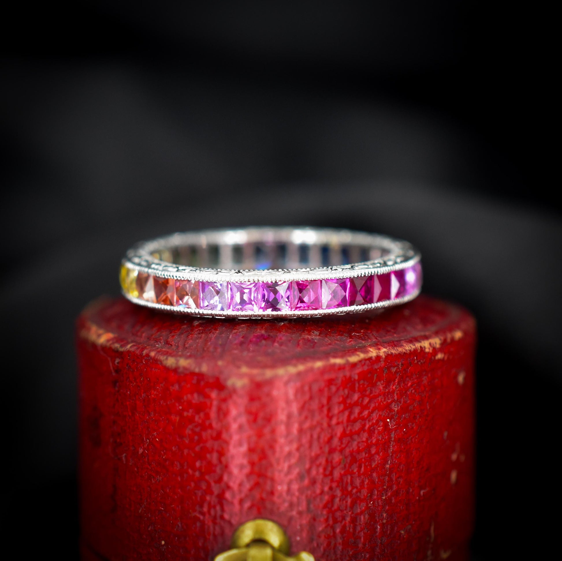 French Cut Multi Colour Sapphire Rainbow Full Eternity Platinum Band Ring