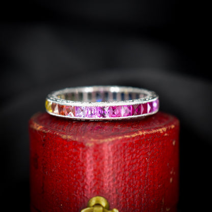 French Cut Multi Colour Sapphire Rainbow Full Eternity Platinum Band Ring