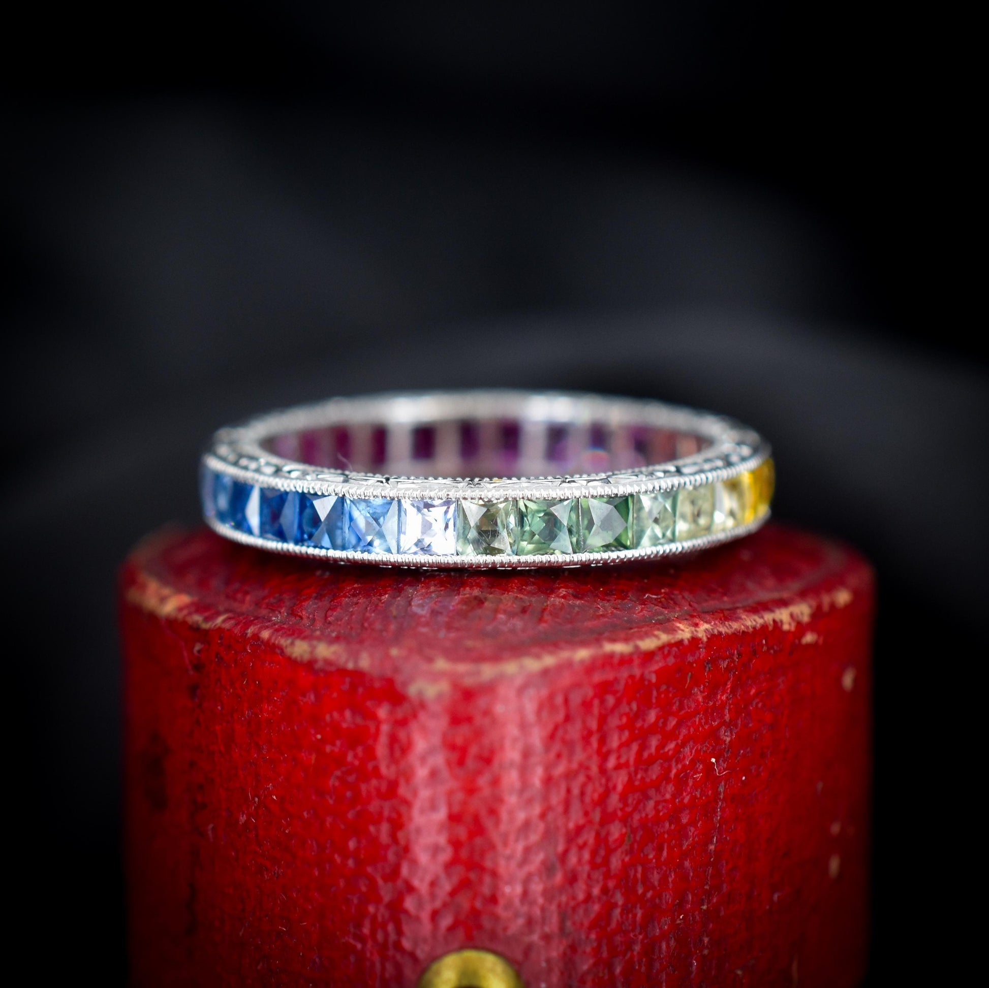French Cut Multi Colour Sapphire Rainbow Full Eternity Platinum Band Ring