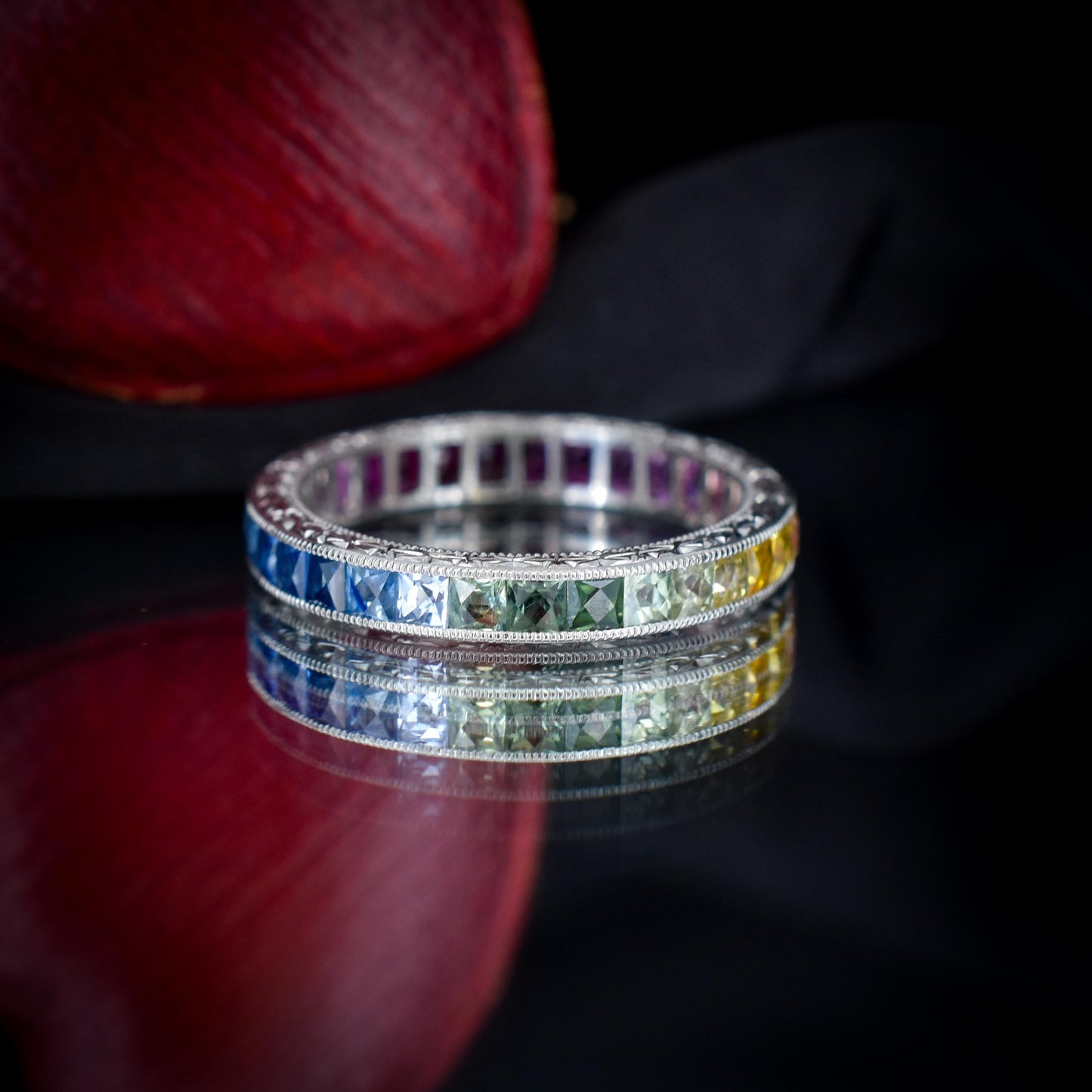 French Cut Multi Colour Sapphire Rainbow Full Eternity Platinum Band Ring