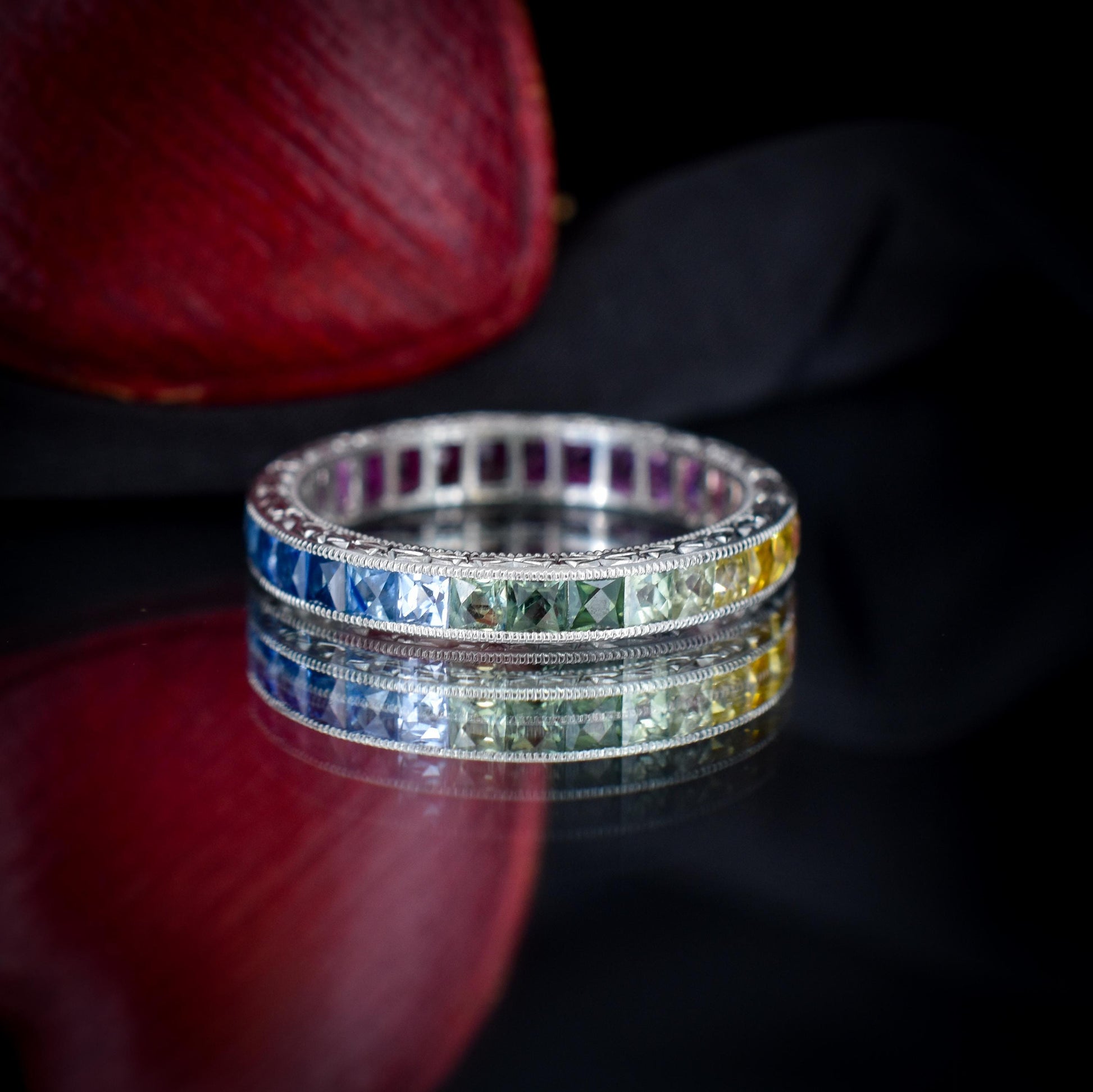 French Cut Multi Colour Sapphire Rainbow Full Eternity Platinum Band Ring