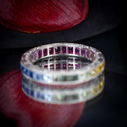 French Cut Multi Colour Sapphire Rainbow Full Eternity Platinum Band Ring