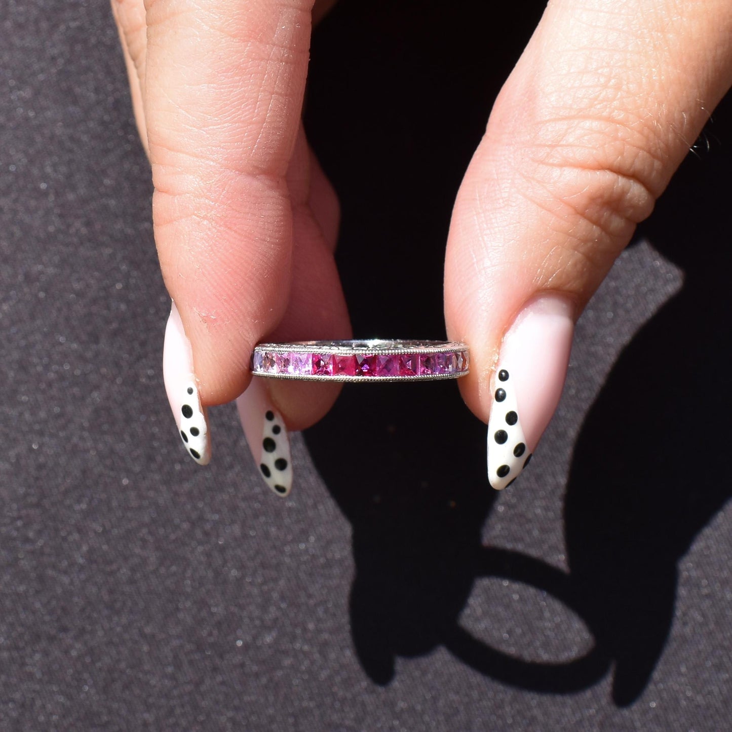 French Cut Multi Colour Sapphire Rainbow Full Eternity Platinum Band Ring